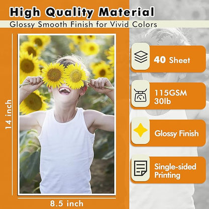 Glossy Inkjet Printer Paper Legal Size 8.5X14 Inch 30LB for Inkjet Printers Dye Ink for Brochure Flyer 40sheets 115GSM
