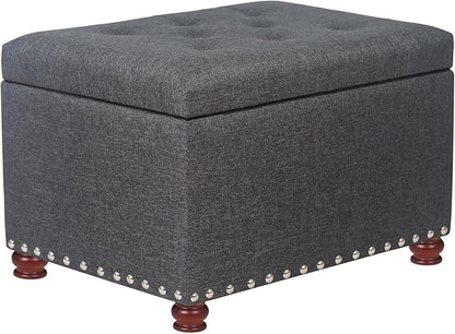 Adeco 24" Rectangular Fabric Storage Ottoman, Button Tufted Accents Linen Bench with Storage, Rivet Footstool with Wooden Legs and Safety Close Hinge for Living Room Bedroom Entryway