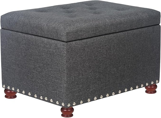 Adeco 24" Rectangular Fabric Storage Ottoman, Button Tufted Accents Linen Bench with Storage, Rivet Footstool with Wooden Legs and Safety Close Hinge for Living Room Bedroom Entryway