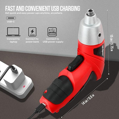 Hi-Spec 19pc 3.6V USB Small Power Screwdriver & Home DIY Tool Kit Set. Cordless & Rechargeable Electric Screwdriver and Compact Hand Tool Box Set,Red
