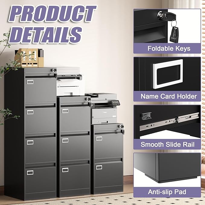 2 Drawer Metal File Cabinet with Lock, Black Locked Filing Cabinets, Vertical Small File Cabinet with Key, Under Desk Filing Cabinets for Home Office