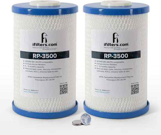 iFilters RP-3500 Carbon Water Filter 2-Pack | 0.5 Micron Coconut Shell Block | Water Filter Replacement Cartridge for Home or RV Use | 1000 Gallon Capacity Each | Reduces Lead, Chlorine, VOCs