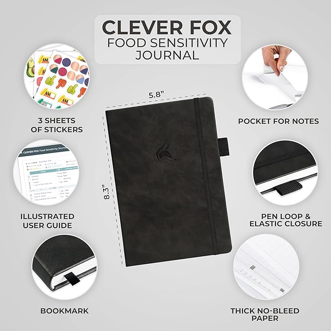 Clever Fox Food Sensitivity Journal – Daily Intolerance & Symptom Log for IBS, Diabetic, Low Fodmap, Elimination Diet – Health Tracker (Black)