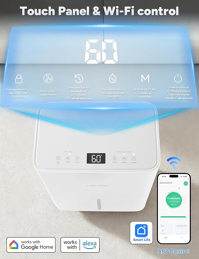 Dehumidifier for Home Basement 34 Pints Max - 2500 Sq.Ft 54 OZ Water Tank Dehumidifier with Drain Hose Smart App-Controlled Humidifiers for Basement Bedroom Bathroom Large Room