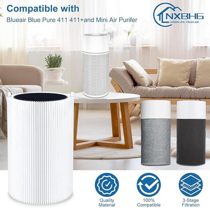 Blue Air Filter Replacement 411 Compatible with Blueair 411 Genuine, Blue Pure 411+,411 Auto & Mini, 3 Pack Particle and Activated Carbon Filter (3 Pack Filter)