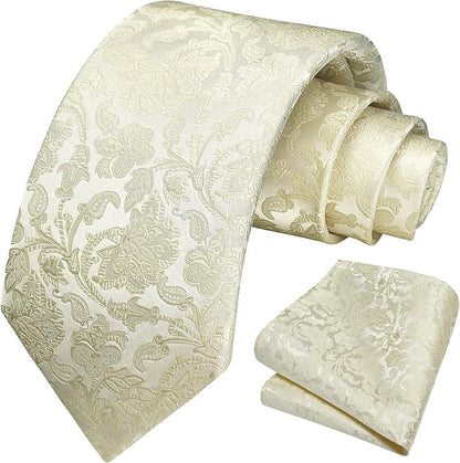 HISDERN Men Floral Ties Woven Classic 3.4" Necktie Set Formal Tie Pocket Square for Wedding with Handkerchief Gift Box