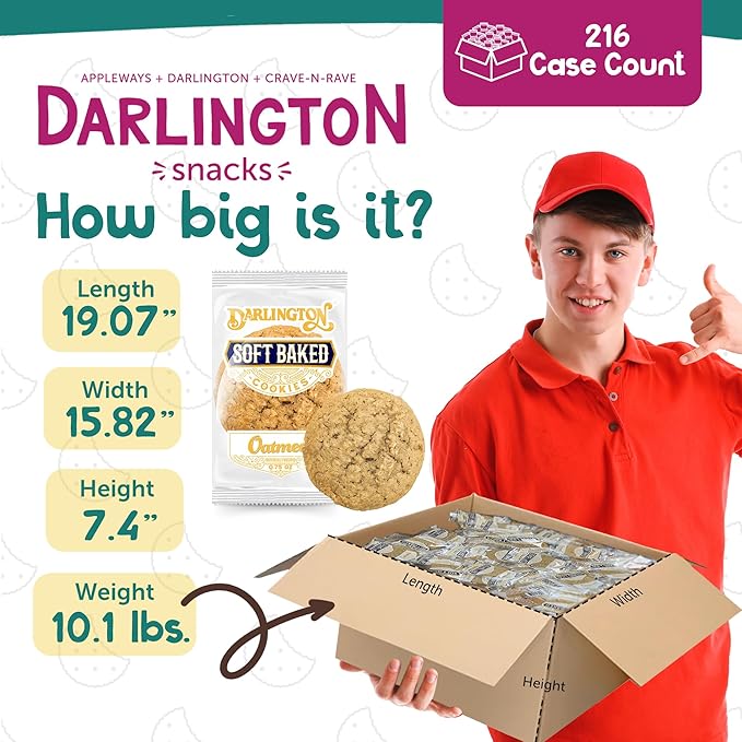 Darlington Snacks Individually Wrapped Oatmeal Cookies Soft Baked, 100% Nut Free Soft Baked Cookies Oatmeal, Made in USA, 0.75 Oz, 216 Count