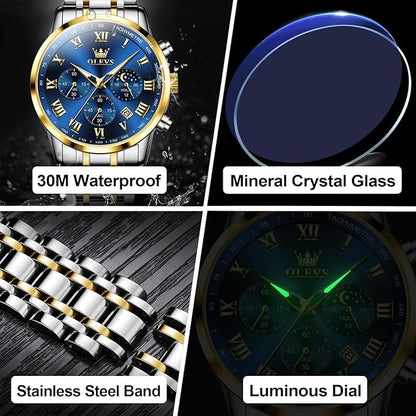 OLEVS Mens Stainless Steel Chronograph Watch, Big Face Roman Numerals Date Analog Quartz Dress Watches for Men, Fashion Multifunctional Waterproof Luminous Hands Men's Wristwatch
