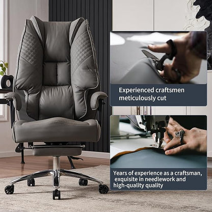 Big and Tall Office Chair 400lbs Wide Seat, Leather High Back Executive Office Chair with Foot Rest, Ergonomic Chairs Lumbar Support for Lower Back Pain Relief (Grey)