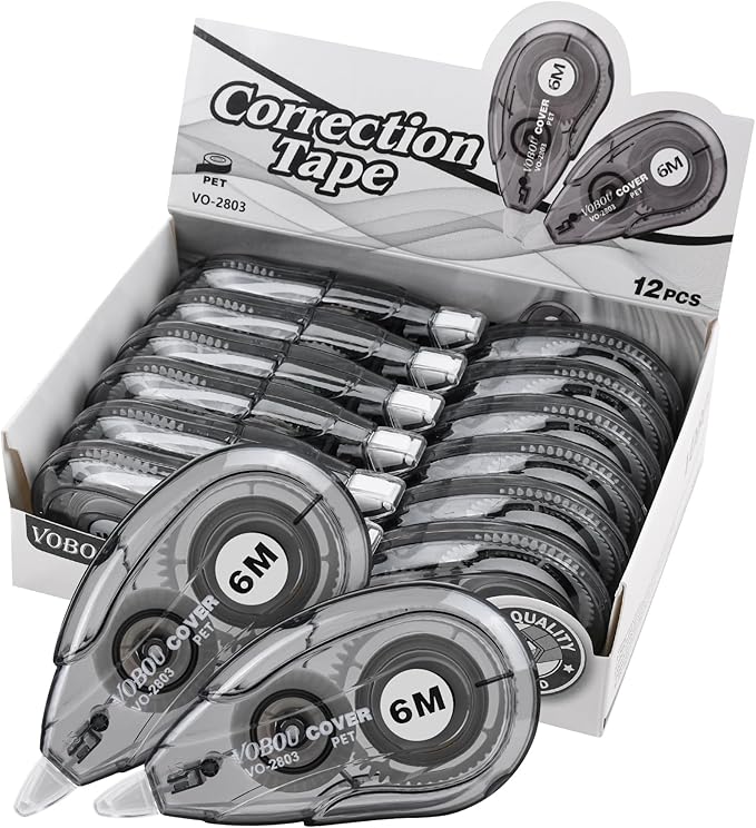 White Correction Tape Dispenser, Easy To Use Applicator for Instant Corrections, For school, Office (Black, 12pack, 6M/256, Tape Width 0.2in)