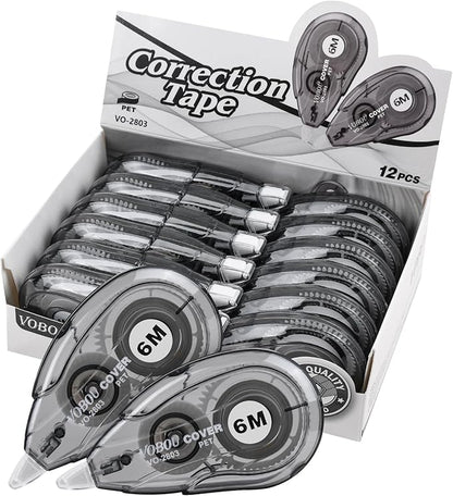 White Correction Tape Dispenser, Easy To Use Applicator for Instant Corrections, For school, Office (Black, 12pack, 6M/256, Tape Width 0.2in)