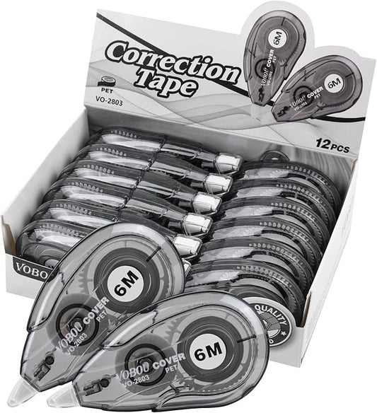 White Correction Tape Dispenser, Easy To Use Applicator for Instant Corrections, For school, Office (Black, 12pack, 6M/256, Tape Width 0.2in)