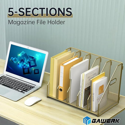 Desk File Organizer Metal Desk Magazine Folder Holder with 5 Vertical Compartments Rack File Organizer for Office, Home, School (Gold)