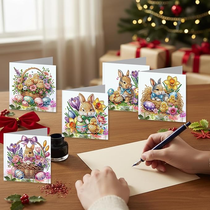 jinglinhh 12pcs Easter Egg Bunny Chick Daffodils Flower Diamond Art Painting Greeting Cards with Envelopes, DIY Card Making Kits for Adults, Diamond Art Birthday Holiday Cards Craft Gifts
