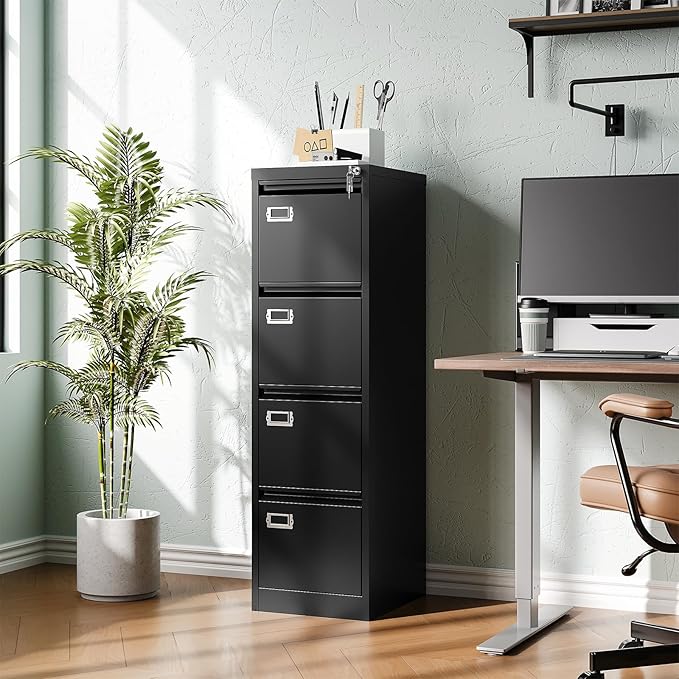 4 Drawer File Cabinet with Lock Metal Filling Cabinet Vertical Locking File Cabinets for Home Office to Hanging F4/A4 SizeA4 Legal/Letter Size, Assembly Required,Black