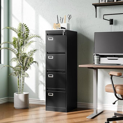 4 Drawer File Cabinet with Lock Metal Filling Cabinet Vertical Locking File Cabinets for Home Office to Hanging F4/A4 SizeA4 Legal/Letter Size, Assembly Required,Black