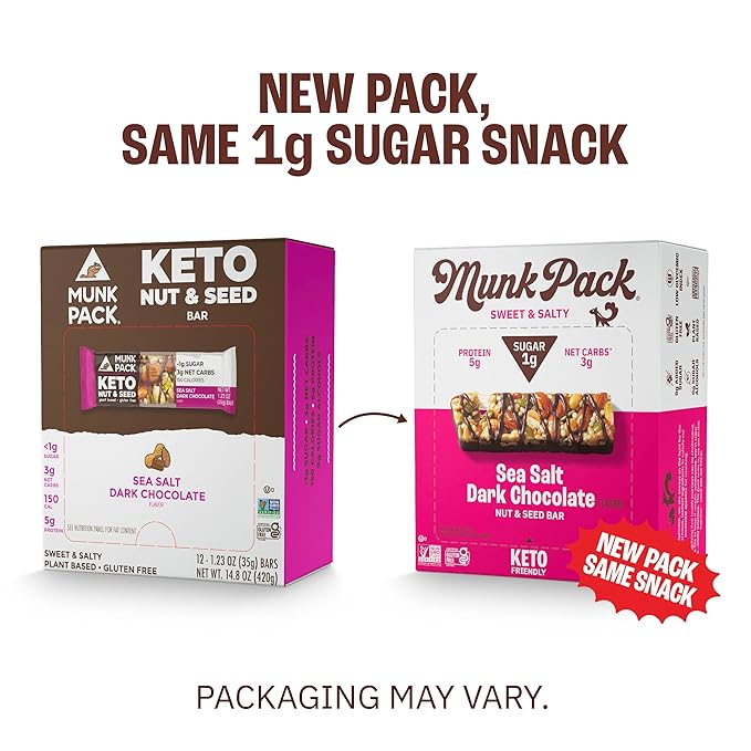 Munk Pack Sea Salt Dark Chocolate Nut & Seed Snack Bars Stocking Stuffers | 5g Protein, 1g Sugar, 3g Net Carbs | Plant-Based, Low Sugar, Non-GMO, Gluten-Free, Snacks | 24 Count (4.92 oz)