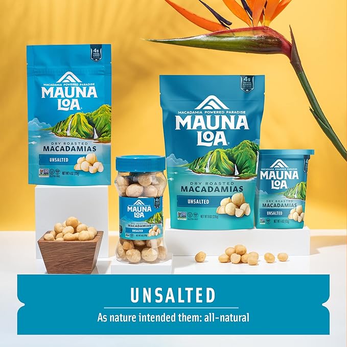 Mauna Loa Unsalted Roasted Macadamia Nuts, 7 oz Resealable Bag, Keto Friendly, Gluten Free, Premium Hawaiian Healthy Snack