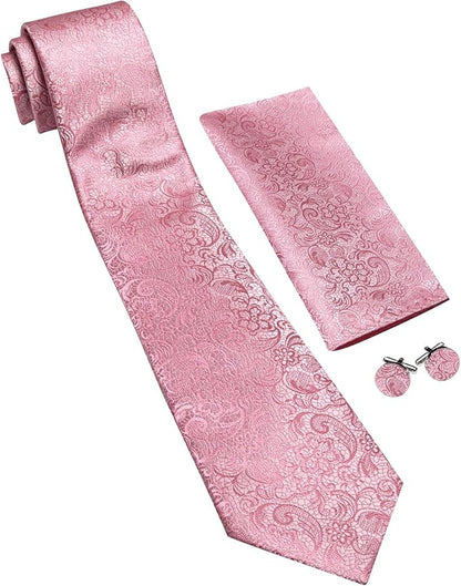 Barry.Wang Tie Sets for Men Silk Solid Necktie Stain Ties Handkerchief Pocket Square Cufflinks Wedding Business Dyed