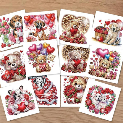 jinglinhh 12pcs Diamond Art Painting Valentine's Day Bear Dog Rose Flower Balloon Wreath Greeting Cards with Envelopes, DIY Card Making Kits for Adults, Diamond Art Holiday Birthday Cards Craft Gifts