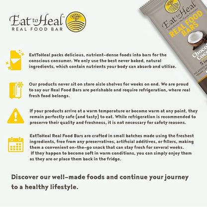 EatToHeal Chocolate Coconut Real Food Bar - Organic Vegan Healthy Gluten Free Protein Bars - Low Sugar Meal Replacement Bar, Non GMO, Never Baked, Plant Based - Crafted to Enjoy, Not Sit on Shelves