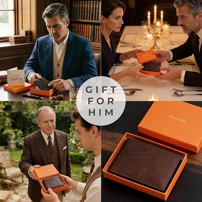 Men's Genuine Leather Wallet: Bifold RFID Blocking, 12 Card Slots & 2 Flip-up ID Window with Gift Box, Vintage Brown