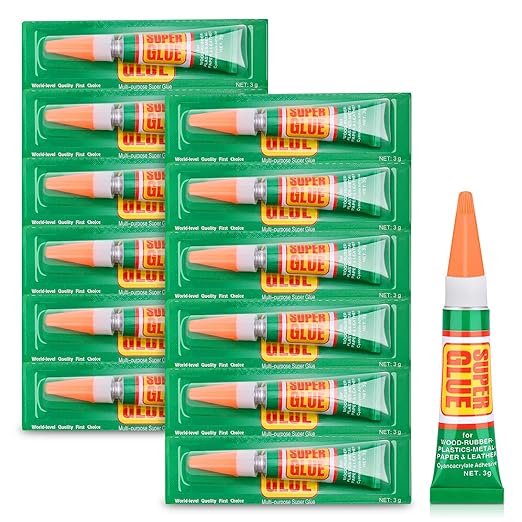 12 x 3g Super Glue Strong Adhesive, Fast Drying SuperGlue Liquid Cyanoacrylate Glue Flexible Precise for Plastic, Crafts, Ceramic, Wood, Metal, Bead Jewelry Making Leather Repairs (Single Use Tube)