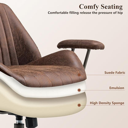 Mid Century Modren Office Chair,High Back Ergonomic Executive Chair with Lumbar Support, Computer Desk Swivel Task Chair with Wheels, Faux Lether Suede Fabric Home Chair (Dark Brown, Mid Back)