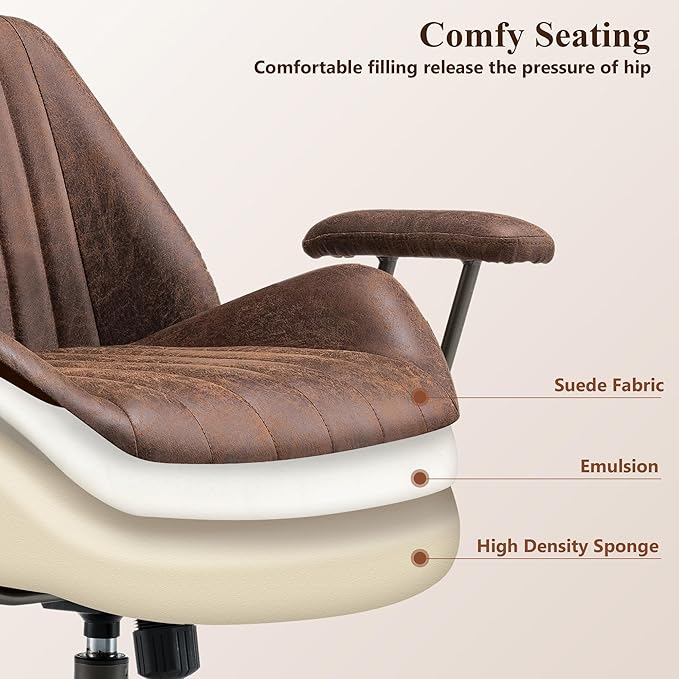 Mid Century Modren Office Chair - Fuax Leather Suede Brown Executive Chairs Ergonomic Mid Back with Lumbar Support, Swivel Computer Desk Task Chair with Wheels for Home Office (Dark Brown, Mid Back)