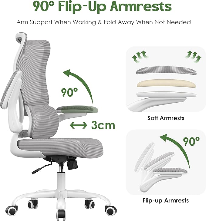 Office Chair Ergonomic Desk Chair - Comfy Mesh High Back Office Chair with Lumbar Support Wheels Home Desk Office Chairs Flip up Armrest Executive Rolling Swivel Task Work Computer Chair Grey