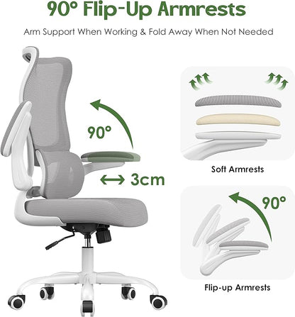 Office Chair Ergonomic Desk Chair - Comfy Mesh High Back Office Chair with Lumbar Support Wheels Home Desk Office Chairs Flip up Armrest Executive Rolling Swivel Task Work Computer Chair Grey