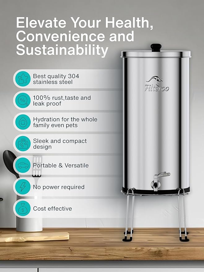 Countertop Gravity Water Filter System - 5.28 Gal/20L | 304 Stainless Steel | Gravity-Fed Water Purifier with 2 Fluoride & Chlorine Reduction Ceramic Cartridges | Also Removes Bacteria & Heavy Metals