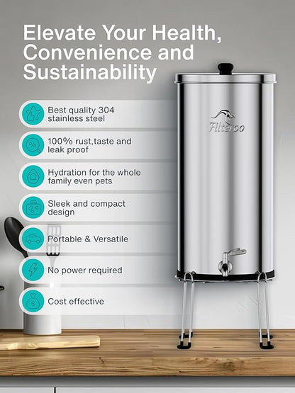 Countertop Gravity Water Filter System - 5.28 Gal/20L | 304 Stainless Steel | Gravity-Fed Water Purifier with 2 Fluoride & Chlorine Reduction Ceramic Cartridges | Also Removes Bacteria & Heavy Metals