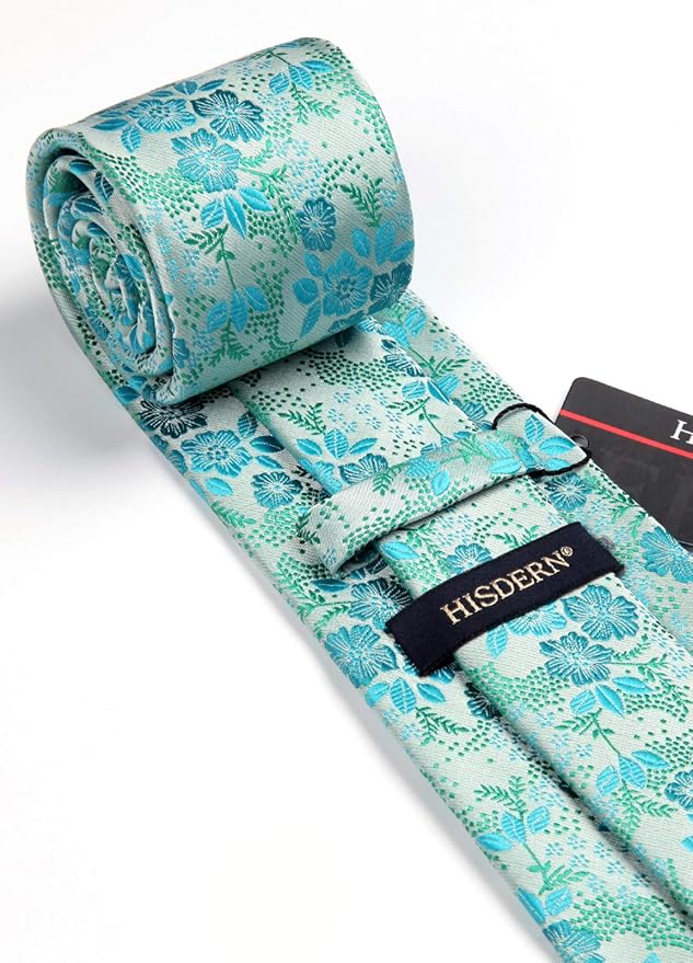 HISDERN Men Floral Ties Woven Classic 3.4" Necktie Set Formal Tie Pocket Square for Wedding with Handkerchief Gift Box