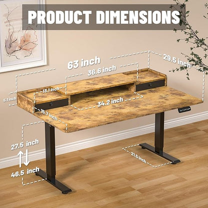 63 x 30 Inch Standing Desk with 2 Drawers, Adjustable Height Widened Stand Up Desk with Storage, Sit to Stand Ergonomic Workstation for Home Office, Rustic Brown