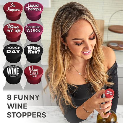 Funny Silicone Wine Stopper Set of 8 – Must-Have Wine Accessories & Perfect Wine Gifts for Women & Men – Airtight & Reusable