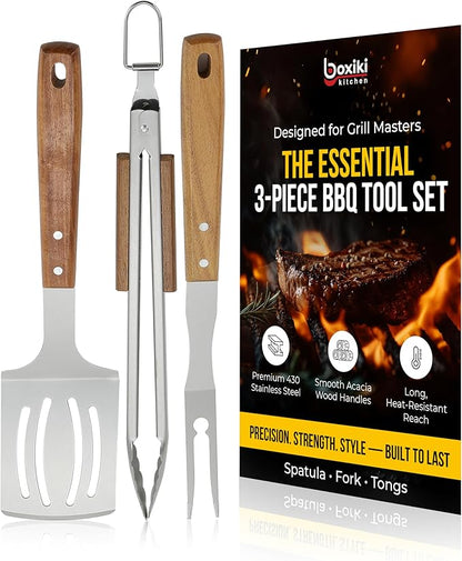 Accacia Wood 3 PCS BBQ Tool Set – Stainless Steel Grill Accessories Kit with Spatula, Fork & Tong – Heavy Duty Barbecue Utensil Set for Outdoor Cooking, Camping & Backyard BBQ