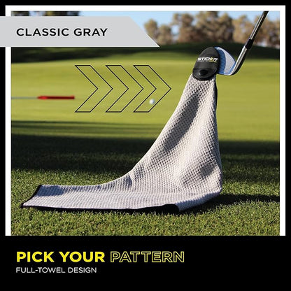 STICKIT Magnetic Towel, Gray | Top-Tier Microfiber Golf Towel with Deep Waffle Pockets | Industrial Strength Magnet for Strong Hold to Golf Carts or Clubs