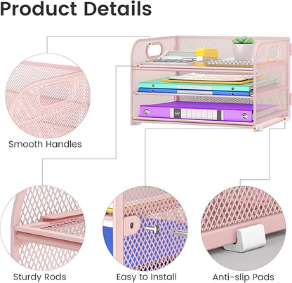 3 Tier Paper Organizer with Handle, Metal Desk Organizer Mesh Paper Letter Tray Desktop File Folder Document Sorter for Classroom, School, Office Accessories Organization and Storage - Pink