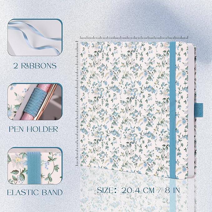 TIEFOSSI Dotted Journal Notebook, Dot Grid Notebook for Women Men, Fabric Flower Journal, 160 GSM Thick Paper, 160 Numbered Pages, 8 x 8 Square Diary