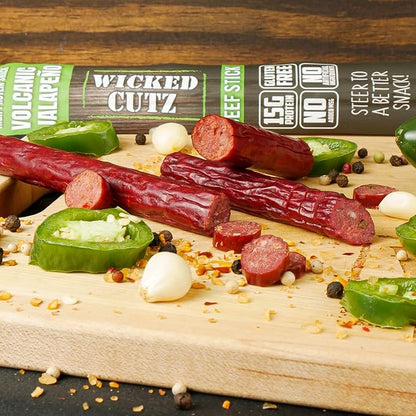 Wicked Cutz Volcanic Jalapeno Spicy Beef Sticks, Tender, Flavorful, Extra Large, Hot Beef Jerky Sticks with 15g of Protein Per Meat Stick, Gluten Free, High Protein, Healthy Snacks for Adults (12 Total)
