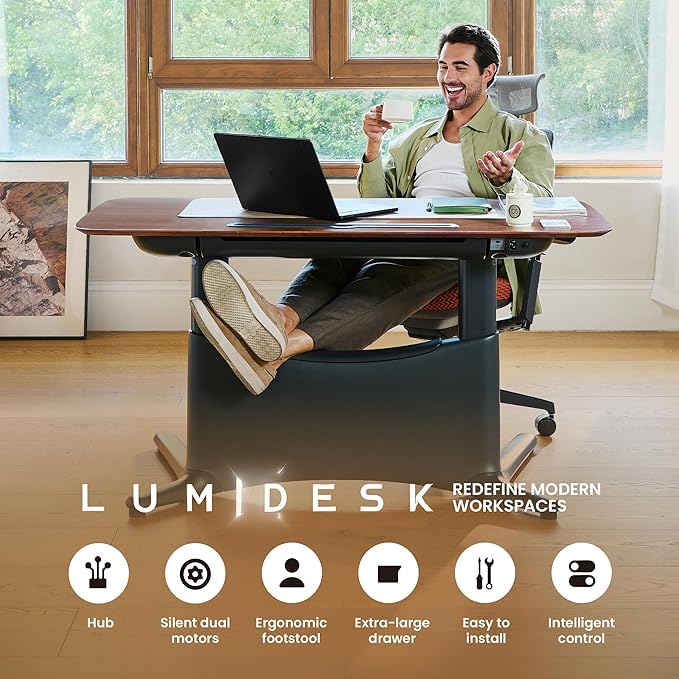 COLAMY Electric Standing Desk, Whole-Piece Gaming Desk with Dual Motors, Ergonomic Footrest, Drawers for Storage, Adjustable Height Sit-Stand Desk for Home Office (MFC Desktop, Walnut + White)
