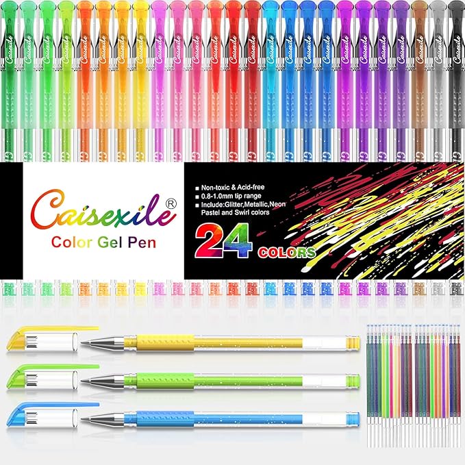 24 Coloring Glitter Gel Pens Come with 24 Free Matched Refills, Artist Drawing Pens, for Adult Coloring Sketching Doodling Writing Back to School Supplies