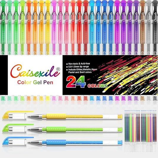 24 Coloring Glitter Gel Pens Come with 24 Free Matched Refills, Artist Drawing Pens, for Adult Coloring Sketching Doodling Writing Back to School Supplies