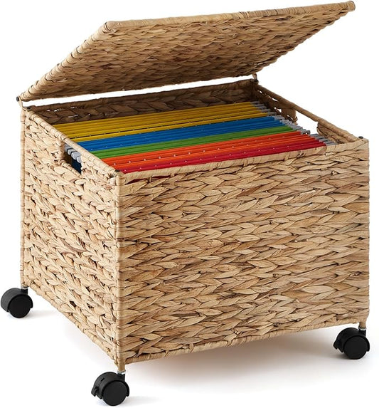 Rolling File Box Organizers, Water Hyacinth Letter/Legal Size File Organizer with Lid and Locking Wheels, Collapsible Hand Woven Hanging Filing Cabinet Box for Office/Home Decor, Natural