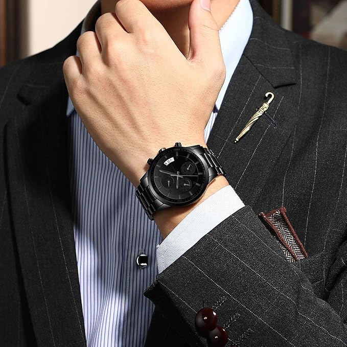 CRRJU Men's Fashion Stainless Steel Watches Date Waterproof Chronograph Wristwatches,Black Steel Band Waterproof Quartz Watch for Men