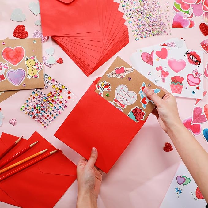 Zonon Valentine's Day DIY Card Making Kit Include Greeting Cards and Envelopes Heart Foam Stickers Diamond Stickers Valentine Party Favors Classroom Exchange Gifts(64 Pack)