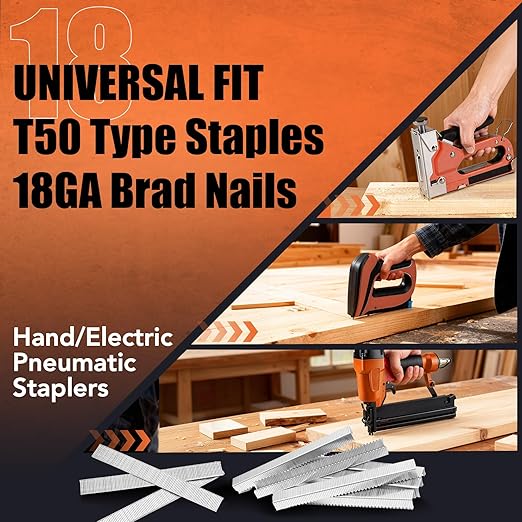 Heavy Duty T50 Staples & 18GA Brad Nails Combo Kit, 3120-Count, 3/8" Crown T50 Staples with Toothed Chisel for Staple Gun (1/4, 3/8, 1/2 Inch) + 18 Gauge Brad Nails (5/8 Inch)