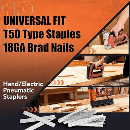 Heavy Duty T50 Staples & 18GA Brad Nails Combo Kit, 3120-Count, 3/8" Crown T50 Staples with Toothed Chisel for Staple Gun (1/4, 3/8, 1/2 Inch) + 18 Gauge Brad Nails (5/8 Inch)