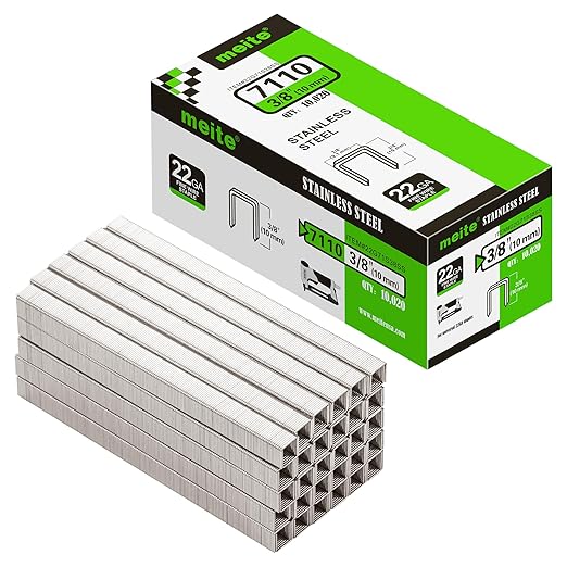 meite 71/10 22 Gauge 304 Stainless Steel Upholstery Staples, 3/8-Inch Crown with 3/8-Inch Leg Length, Heavy Duty Staples for Construction, Furniture, Crafts & DIY Projects (1 Case - 20 Boxes)
